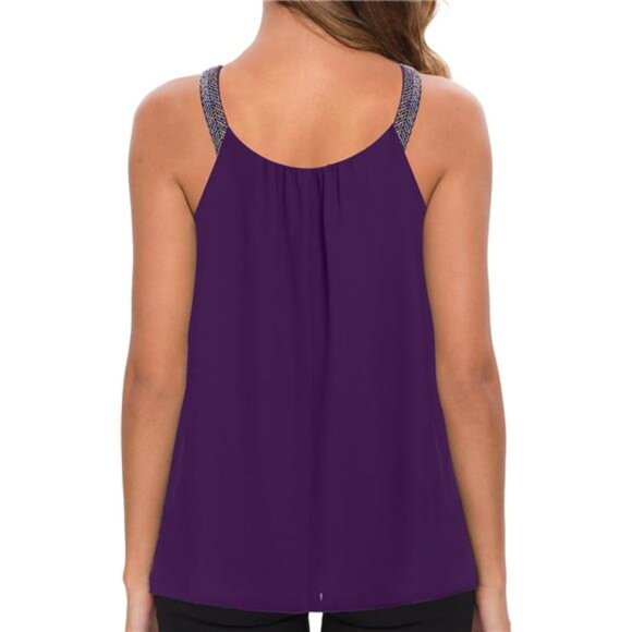 Women's Plus Size Cami Casual Pleated Chiffon Tank Top with Beaded Strap - Picture 2 of 5